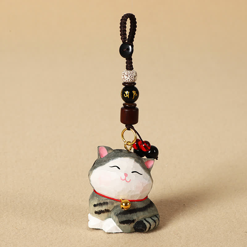 Carved Wood Cat Keychain - Gray tabby cat with Bodhi seed and calligraphy bead, zen
