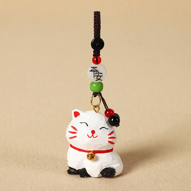 Carved Wood Cat Keychain - White Maneki-neko with peace character bead, blessing
