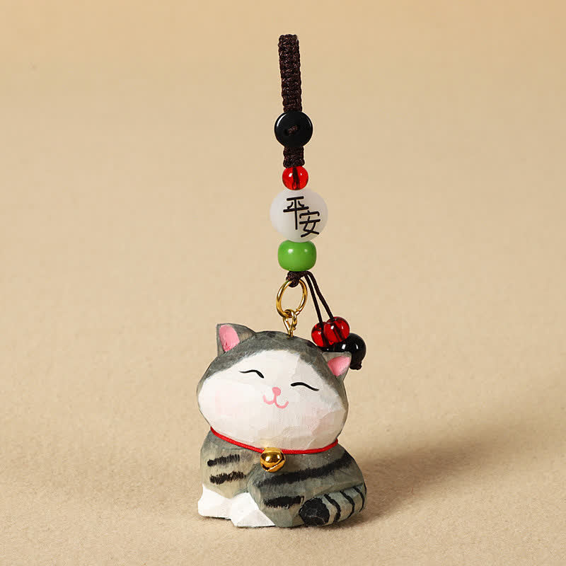 Carved Wood Cat Keychain - Gray tabby cat with peace blessing bead, protection