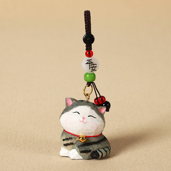 Carved Wood Cat Keychain - Gray tabby cat with peace blessing bead, protection