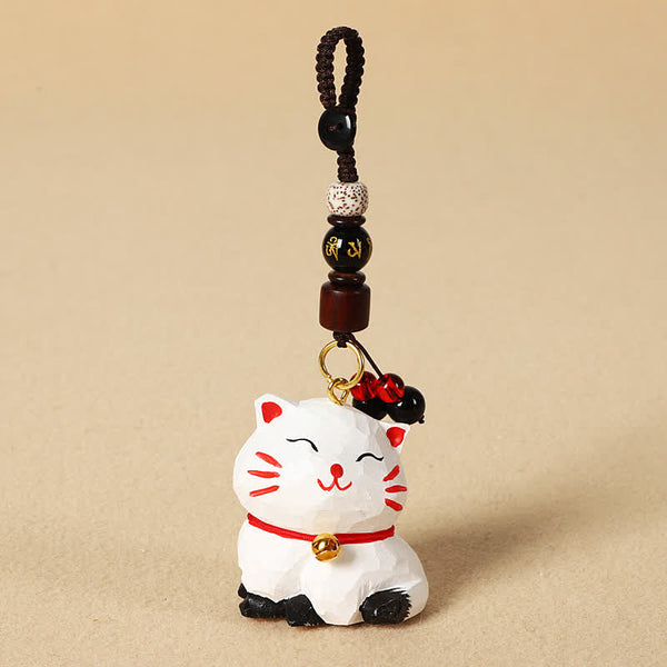 Carved Wood Cat Keychain - White lucky cat with Bodhi seed and gold mantra bead