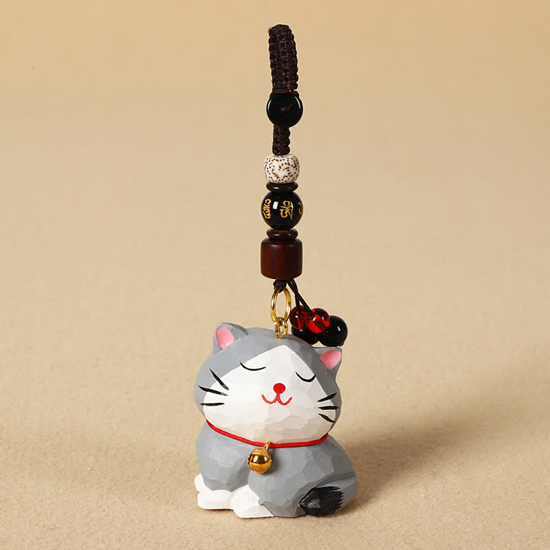 Carved Wood Cat Keychain - Gray cat with Bodhi seed and gold inscribed bead, artisan