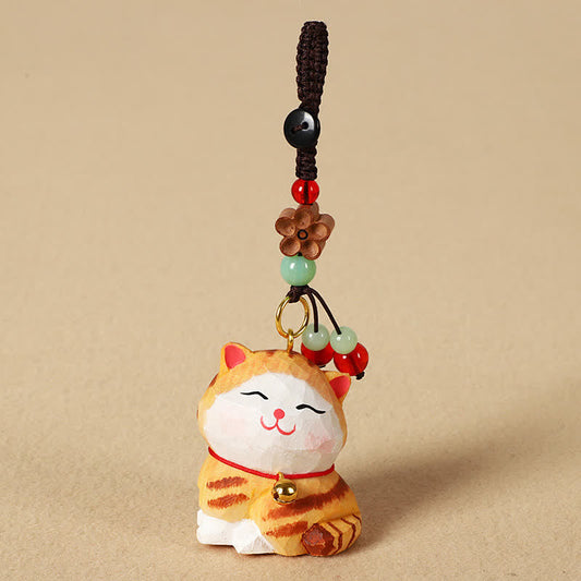 Carved Wood Cat Keychain - Orange tabby cat with jade beads and wooden flower, charm