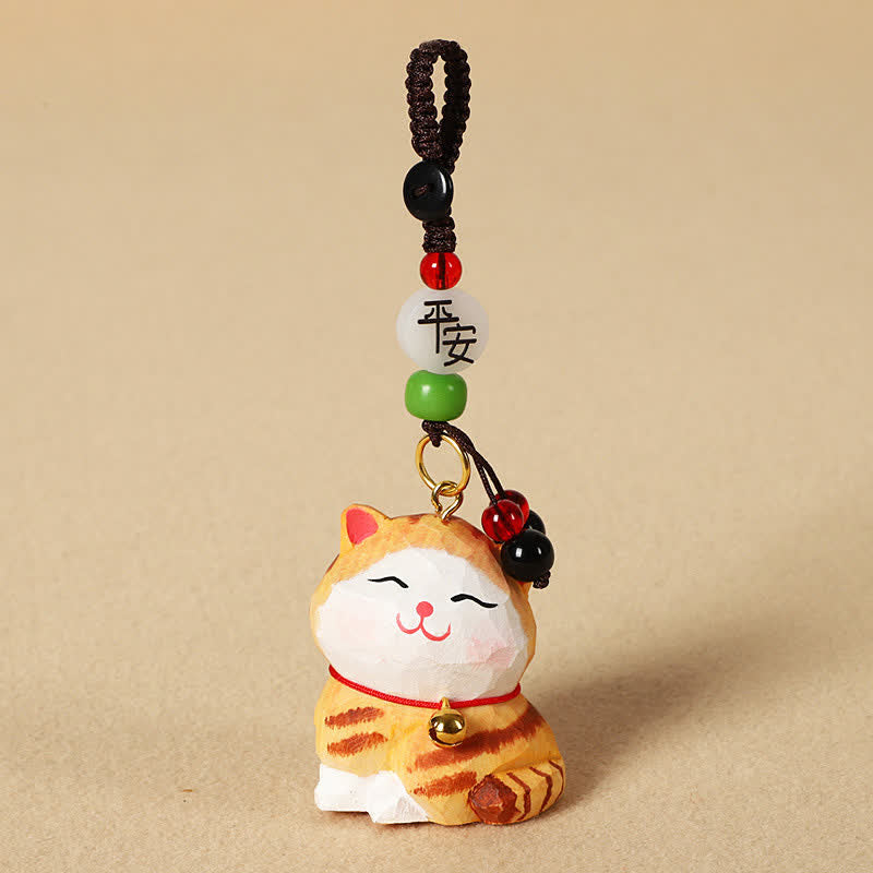 Carved Wood Cat Keychain - Orange tabby cat with peace blessing bead, amulet