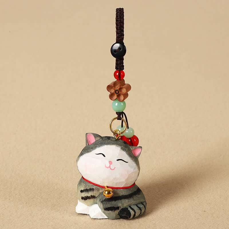 Carved Wood Cat Keychain - Gray tabby cat with yin-yang bead and flower, feng shui