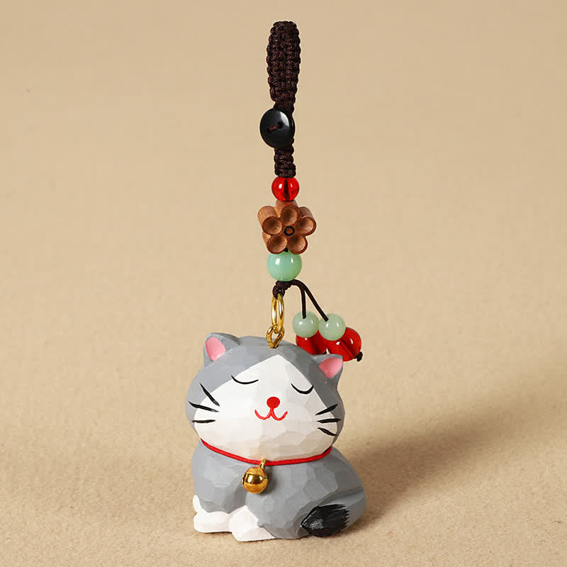 Carved Wood Cat Keychain - Gray tabby cat with peace bead and red accent beads, gift