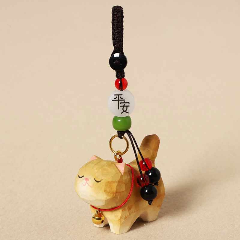 Carved Wood Cat Keychain - Golden brown cat with peace blessing bead, red cord collar, lucky cat keychain