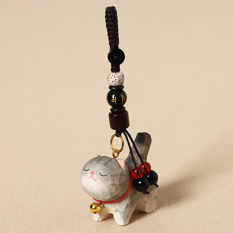 Carved Wood Cat Keychain - Light gray cat with mantra bead and Bodhi seed, red and black tassel, zen charm