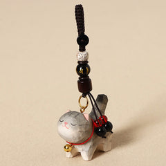 Carved Wood Cat Keychain - Light gray cat with mantra bead and Bodhi seed, red and black tassel, zen charm