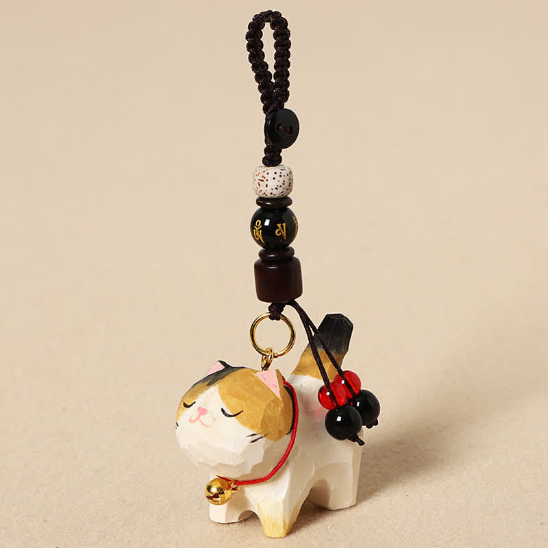 Carved Wood Cat Keychain - Calico cat with gold mantra bead, Bodhi seed spacer, wooden charm pendant