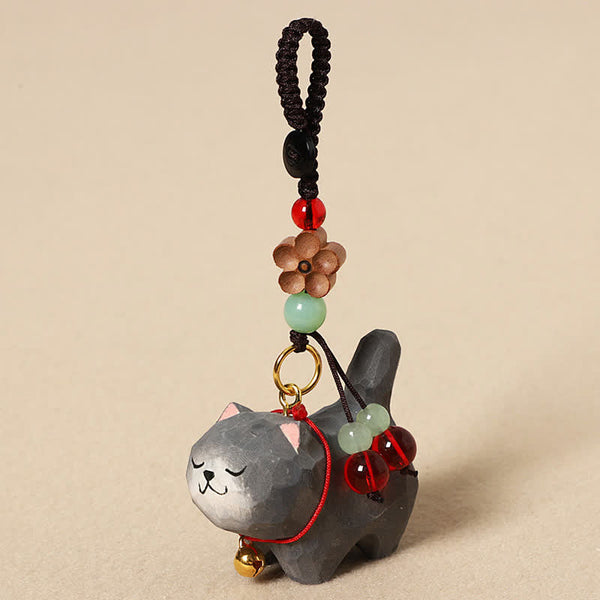 Carved Wood Cat Keychain - Gray cat with carved flower bead, green jade bead, red cord bell, zen keychain