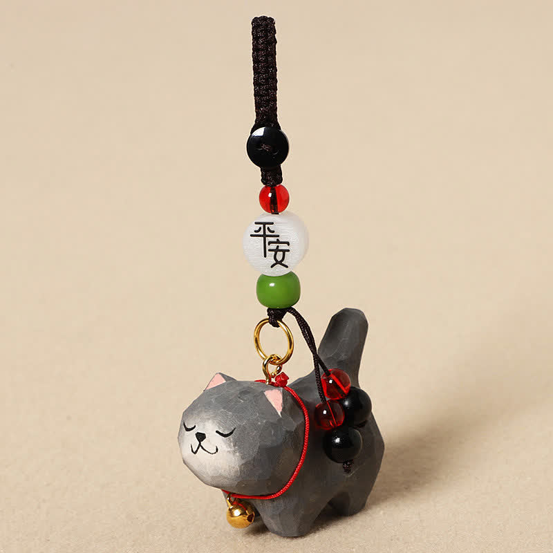 Carved Wood Cat Keychain - Gray cat with peace blessing bead, gold bell collar, lucky cat pendant