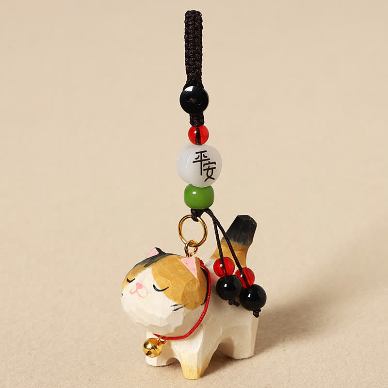Carved Wood Cat Keychain - Calico cat with peace bead, green jade bead, red cord bell, spiritual charm