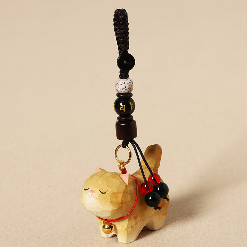 Carved Wood Cat Keychain - Warm tan tabby with gold mantra bead, Bodhi seed, red and black tassel