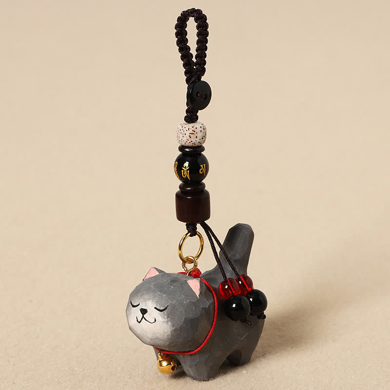 Carved Wood Cat Keychain - Gray cat with mantra bead, Bodhi seed, wooden tassel, spiritual cat charm
