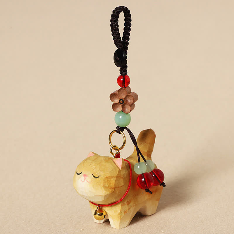 Carved Wood Cat Keychain - Cream tabby cat with carved flower bead, jade green bead, gold bell, handmade charm