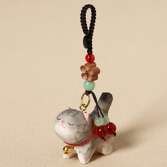 Carved Wood Cat Keychain - Gray tabby cat with red bell, red and green beads, wooden flower charm, wooden keychain