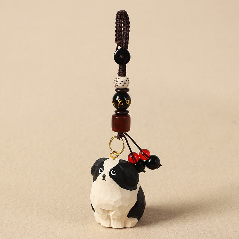 Wood Dog Keychain – Yellow Shiba Inu with carved wooden flower bead and jade green accent, artisan pendant