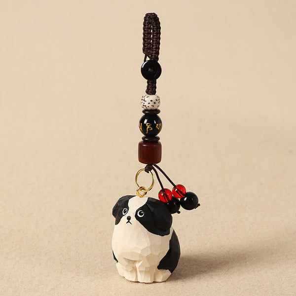 Wood Dog Keychain – Yellow Shiba Inu with carved wooden flower bead and jade green accent, artisan pendant
