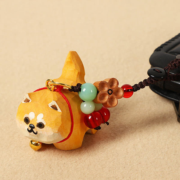 Carved Wood Dog Keychain - Golden Shiba Inu with jade beads and wooden flower, bag charm