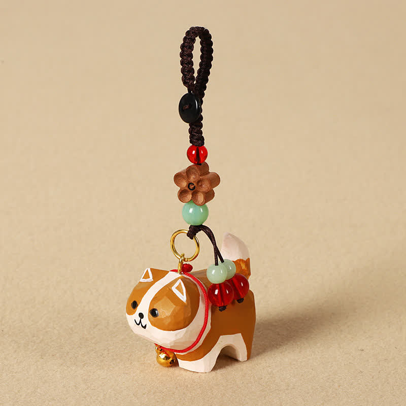Carved Wood Dog Keychain - Brown Shiba Inu with jade beads and flower charm, boho