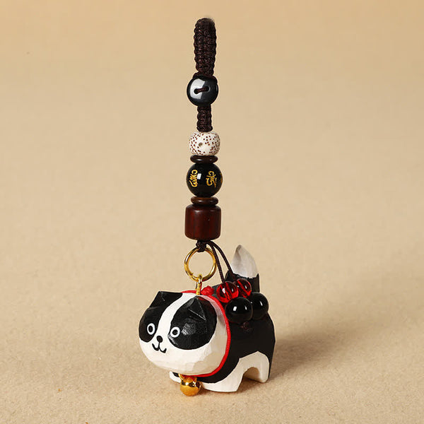 Carved Wood Dog Keychain - Black and white dog with lotus seed and calligraphy bead
