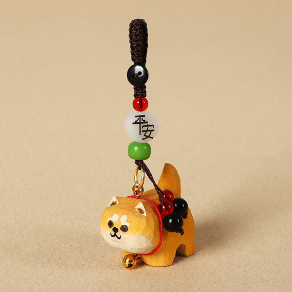 Carved Wood Dog Keychain - Golden Shiba Inu with peace blessing bead, lucky charm