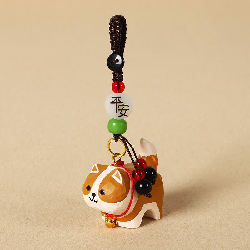 Carved Wood Dog Keychain - Brown Shiba Inu with peace bead and evil eye charm