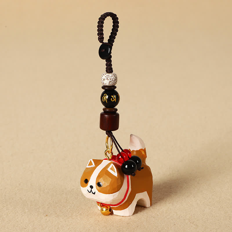 Carved Wood Dog Keychain - Brown Shiba Inu with Bodhi seed and gold mantra bead