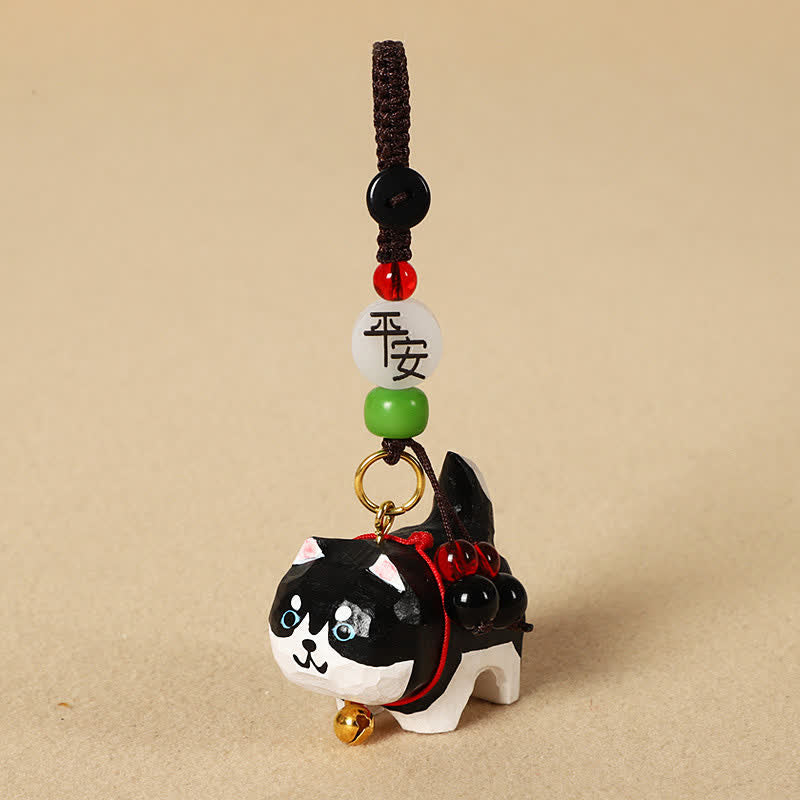 Carved Wood Dog Keychain - Black and white Husky with peace character bead, gift