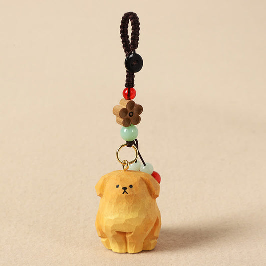 Carved Wood Dog Keychain – warm honey wood dog with braided cord and colorful beads, wooden charm