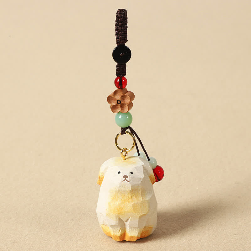 Carved Wood Dog Keychain – white and gold ombré dog with floral bead and jade accents, wood craft