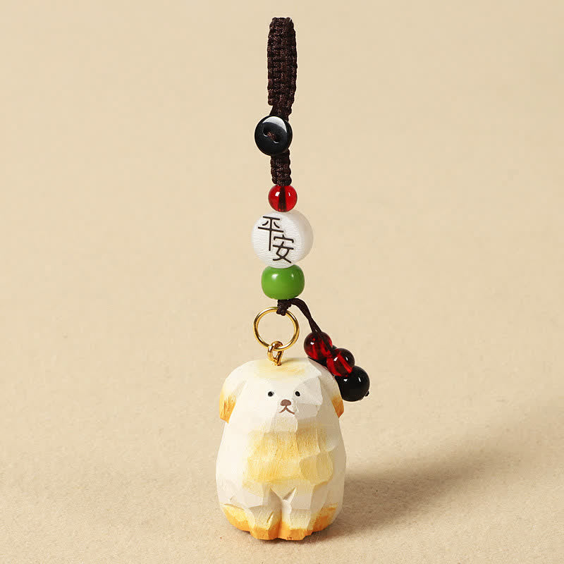 Carved Wood Dog Keychain – cream wood dog with peace blessing bead and green jade, amulet charm