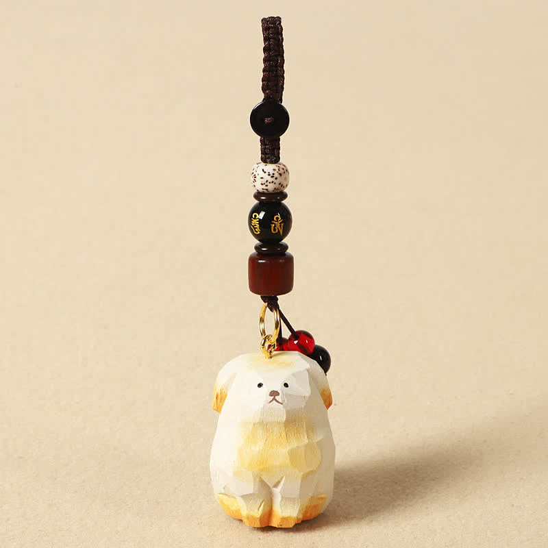 Carved Wood Dog Keychain – gold gradient dog with inscribed bead and braided cord, Zen accessory