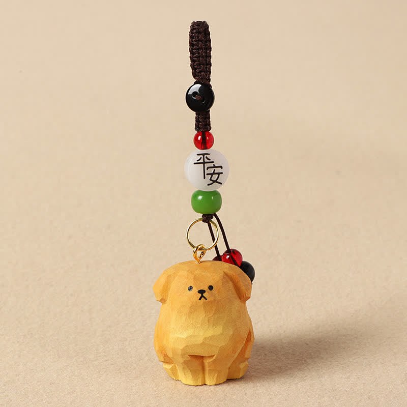 Carved Wood Dog Keychain – faceted wood dog with peace character bead and red green accents, luck charm