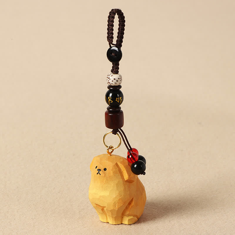 Carved Wood Dog Keychain – hand carved dog with black and speckled stone beads, artisan keychain
