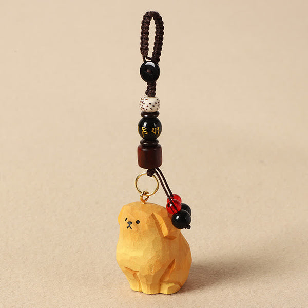 Carved Wood Dog Keychain – hand carved dog with black and speckled stone beads, artisan keychain