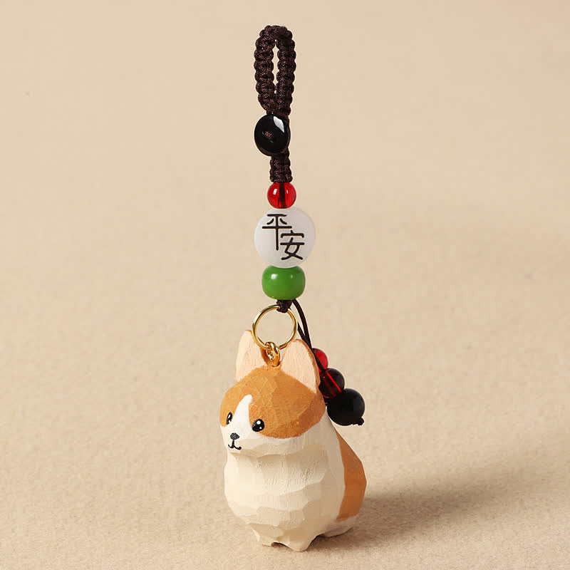 Carved Wood Corgi Om Mani Padme Hum Key… – Carved corgi charm with peace blessing bead and jade green beads, artisan keychain