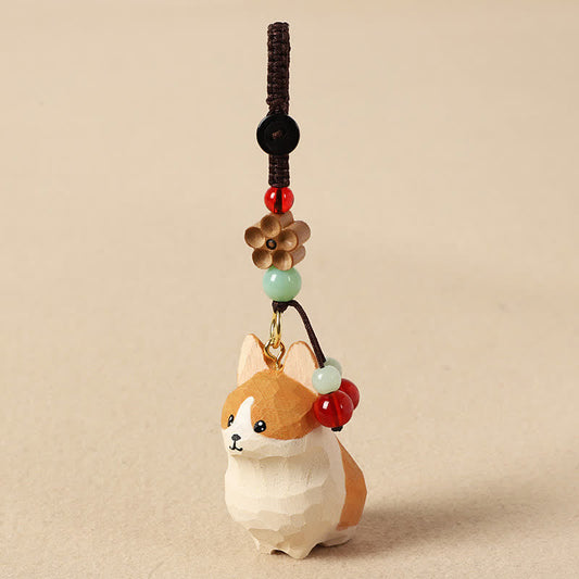 Carved Wood Corgi Om Mani Padme Hum Key… – Wooden corgi pendant with carved flower bead, red and green accent beads, handmad…
