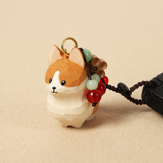 Carved Wood Corgi Om Mani Padme Hum Key… – Hand-carved tan corgi with braided cord and beaded tassel, wooden dog keychain