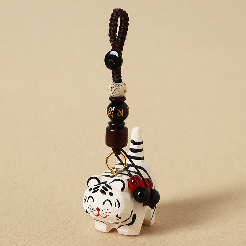 Wood Tiger Keychain – white tiger with inscribed bead and speckled stone beads, Zen charm