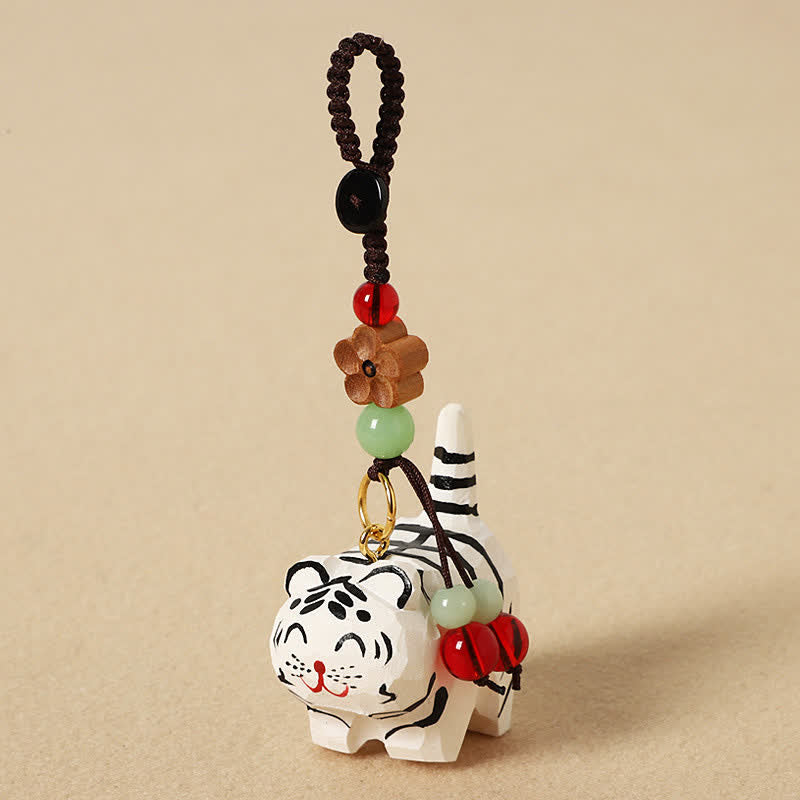 Wood Tiger Keychain – white tiger with black stripes and red nose, beaded cord charm