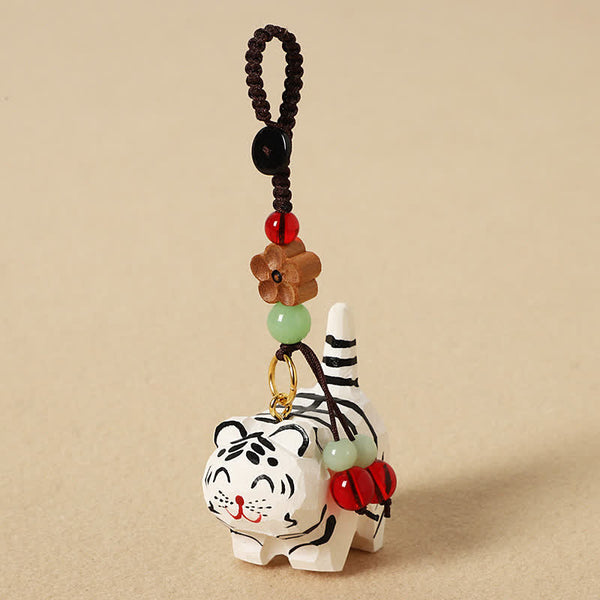 Wood Tiger Keychain – white tiger with black stripes and red nose, beaded cord charm