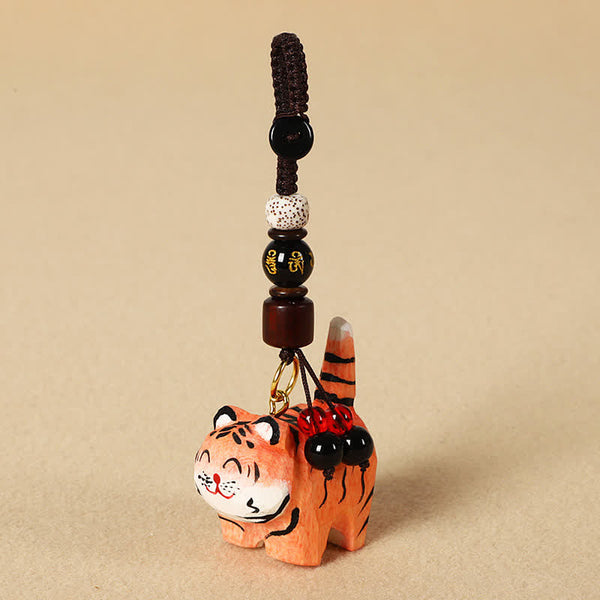 Wood Tiger Keychain – cute orange tiger with gold character bead and braided cord, lucky charm