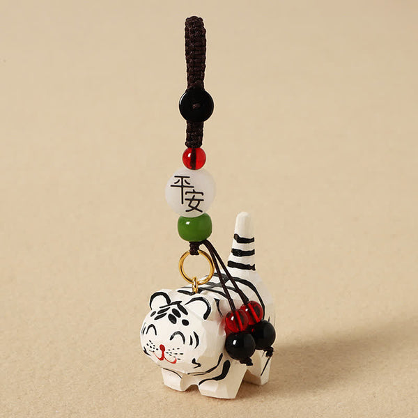 Wood Tiger Keychain – white striped tiger with peace blessing bead, handmade wooden amulet
