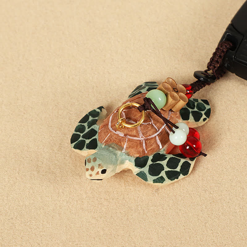 Wood Turtle Keychain – Hand-painted turtle with green mosaic flippers and mixed bead tassel, artisan keychain