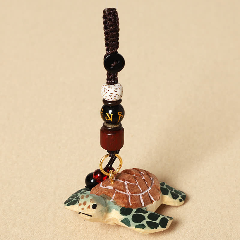 Wood Turtle Keychain – Painted turtle with bodhi seed and gold script bead strand, spiritual charm