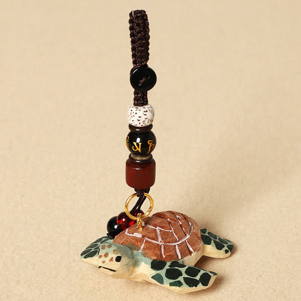 Wood Turtle Keychain – Painted turtle with bodhi seed and gold script bead strand, spiritual charm