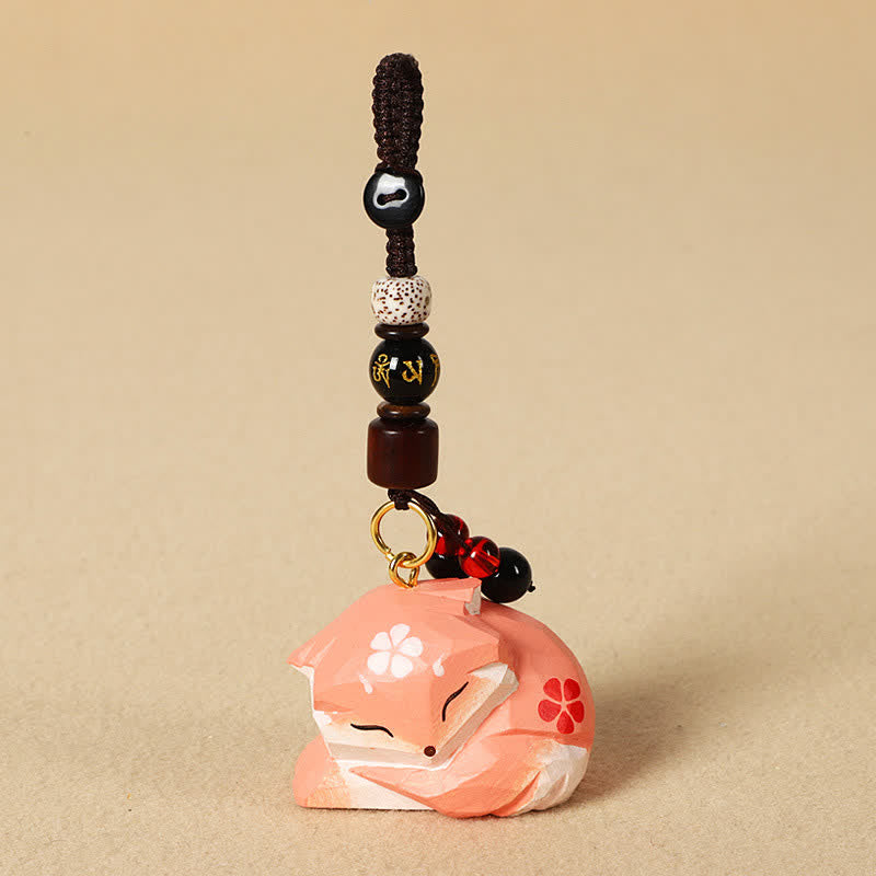 Wood Fox Keychain – Curled sleeping fox with red flower detail and peace blessing beads, cute keychain