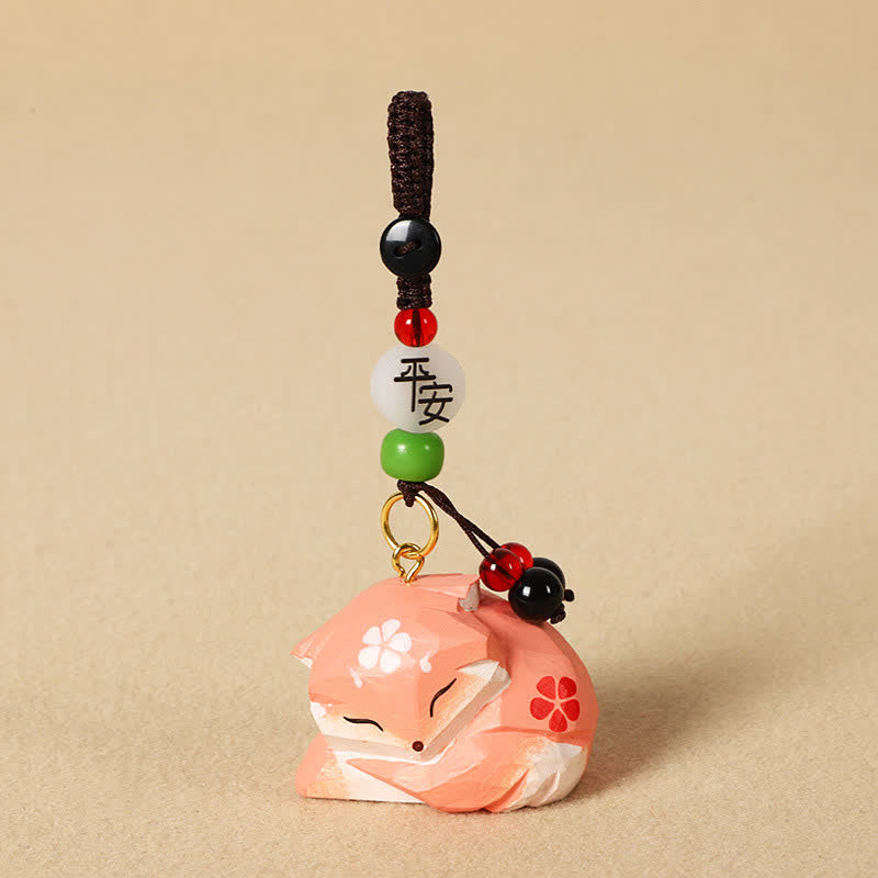 Wood Fox Keychain – Sleeping fox with bodhi seed, inscribed bead, and cord lock, zen charm